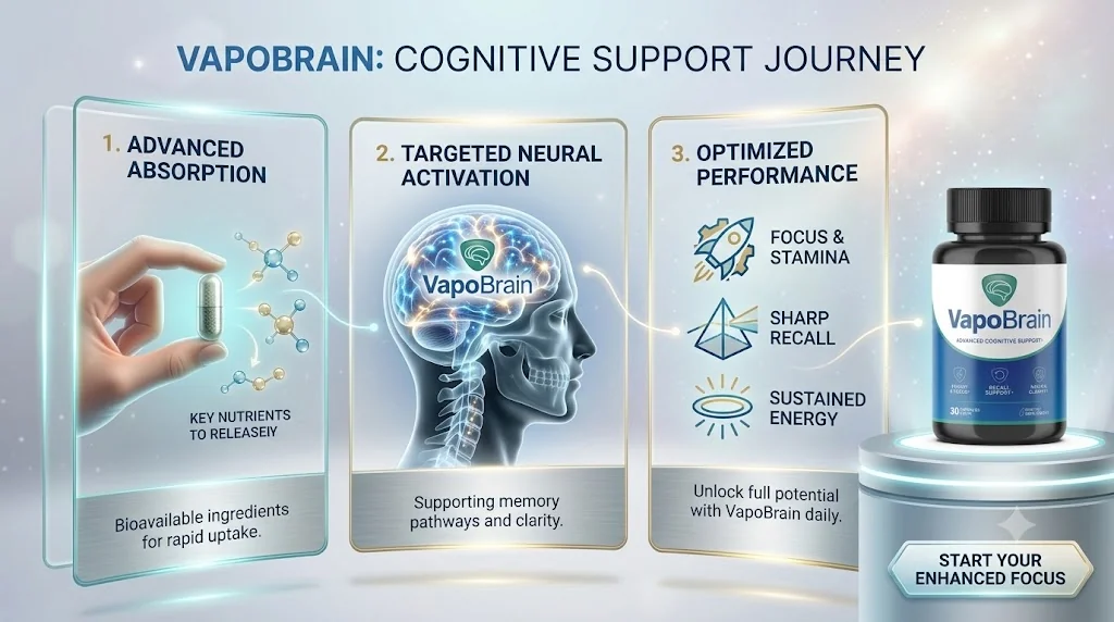 Brand infographic: VapoBrain cognitive support journey with three stages, advanced absorption, targeted neural activation and optimized performance